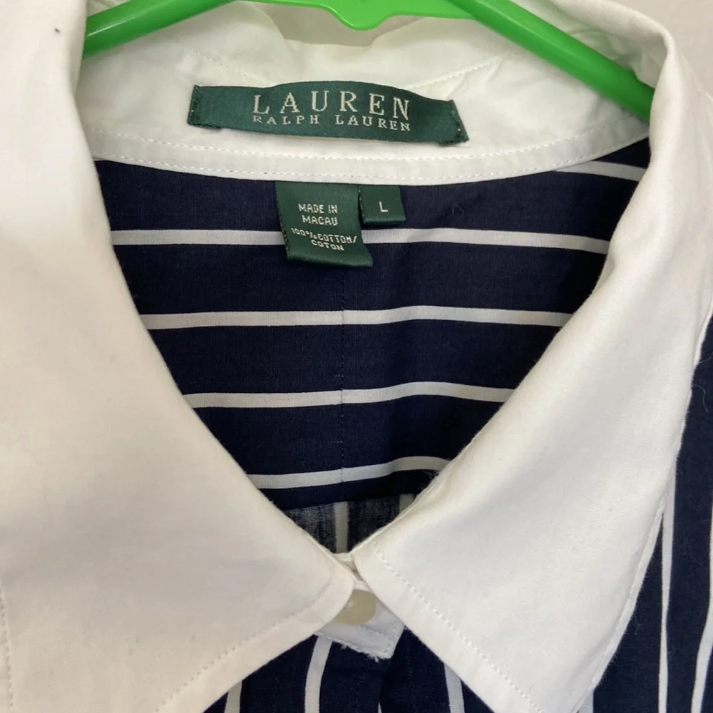 Ralph Lauren VTG Cuff & Collar Button-Up 3/4 Sleeve Shirt Navy/White Stripe SZ L - Picture 5 of 11